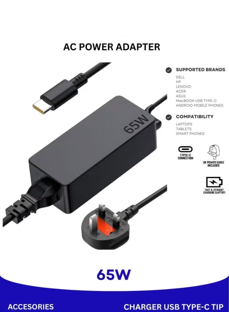 إي وورلد شاحن لابتوب عالمي بقدرة 65 واط USB-C، محول طاقة AC بشحن سريع PD متوافق مع أجهزة هواوي، لينوفو، إتش بي، ديل، أسوس، أيسر، سامسونج، ماك بوك برو وجميع الأجهزة التي تدعم منفذ Type-C. - Image 1